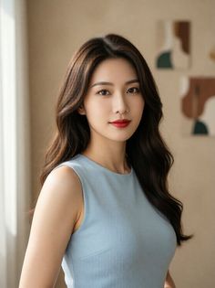 Woman with long wavy hair and red lipstick wearing a light blue top indoors