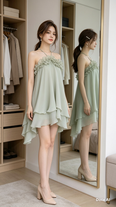 Woman in a light green ruffle dress and high heels standing in front of a mirror