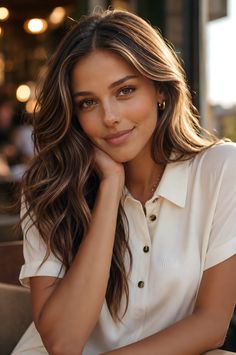 Woman with long wavy brown hair and hoop earrings, wearing a white shirt
