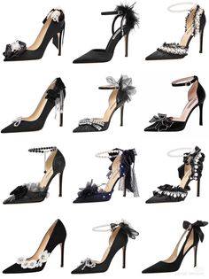 Collection of black high heels with various decorative elements on a white background