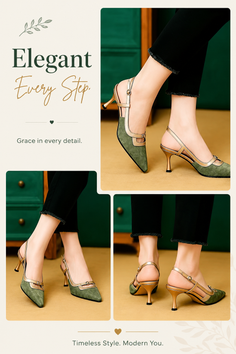 Woman wearing green and gold high heels with cropped black pants