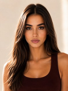Woman with long dark hair wearing a dark tank top, looking directly at the camera