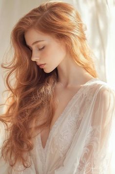 Woman with long red hair in a white sheer robe with soft lighting