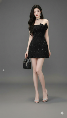 Woman in a black sparkling dress with a choker and high heels