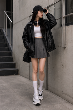 Woman in a black leather jacket, crop top, and pleated skirt in an urban setting
