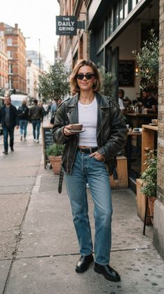 Woman in a leather jacket and jeans holding a coffee cup on a city street