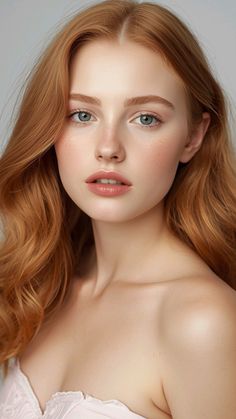 Woman with red hair and blue eyes, looking directly at the viewer