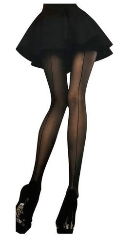 Person wearing a black skirt, seamed tights, and high heels