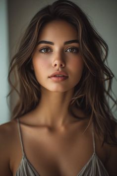 Realistic portrait of a woman with long brown hair and soft lighting