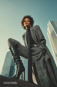 Woman in a plaid suit and sunglasses posing against a city skyline