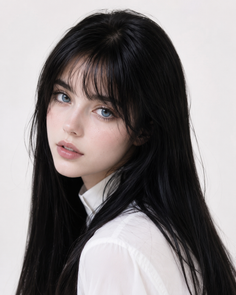 Woman with long black hair and blue eyes wearing a white shirt
