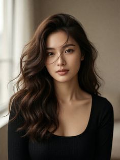 Woman with long wavy hair wearing a black top, looking at the camera