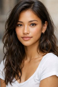 Woman with long dark hair and gold hoop earrings wearing a white t-shirt