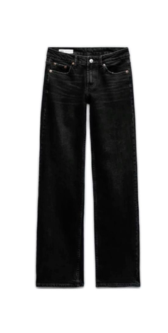 Pair of black wide-leg jeans on a white background