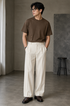 Man in a brown t-shirt and wide leg pants standing indoors