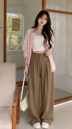 Woman in a pink shirt, white crop top, and brown wide-leg pants indoors