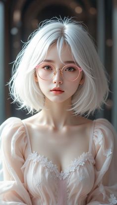 Woman with white short hair and pink glasses wearing a light pink dress with lace trim