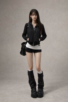 Woman in a black hoodie, shorts, and platform boots posing in a studio