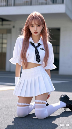 Woman with long pink hair in a school uniform kneeling outdoors