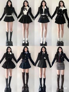 Multiple women in various black school uniform outfits with long dark hair