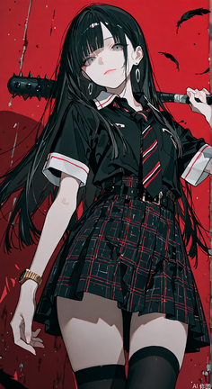 Anime girl in a school uniform holding a spiked bat against a red background