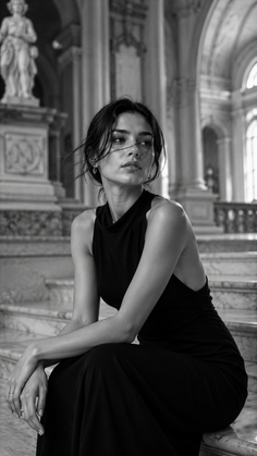 Woman in a black dress sitting on marble stairs in a grand indoor setting