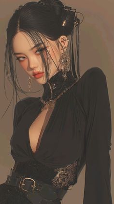 Illustration of a woman with long black hair and deep cleavage