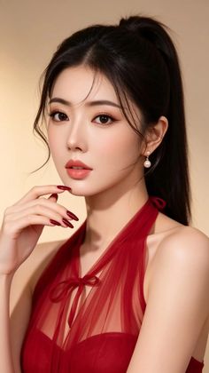 Woman with black hair in a red dress and pearl earrings, with red nails