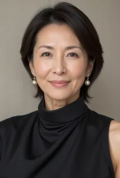 Woman with short dark hair wearing a black top and pearl earrings