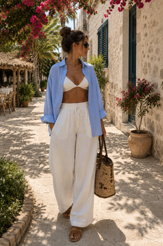 Woman in a white bralette and blue shirt walking outdoors on a sunny day