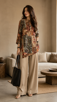 Woman in a patterned top and wide leg pants holding a black handbag indoors