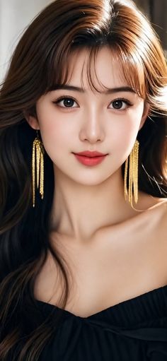 Woman with long brown hair and gold earrings wearing an off-shoulder top