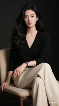 Woman with long black hair wearing a black sweater and beige pants, sitting on a chair