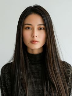 Woman with long dark hair wearing a turtleneck sweater against a white background
