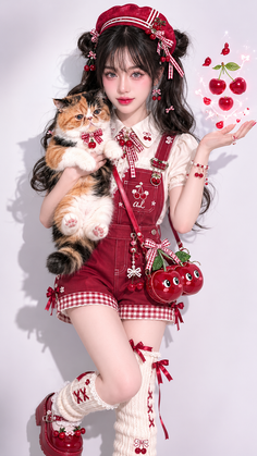 Woman in cherry-themed lolita fashion holding a calico cat