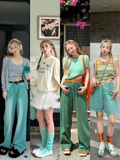 Four women posing in various casual outfits with bright colors outdoors