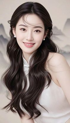 Woman with long black hair and pearl earrings wearing a white dress, smiling