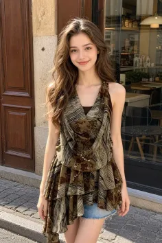 Woman with long hair wearing a ruffled top and denim shorts on a street