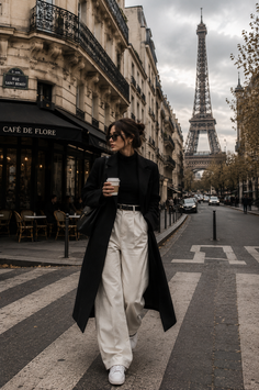Woman in a black coat and white pants walking on a street with the Eiffel Tower in the background