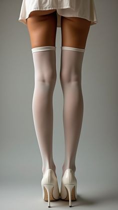 Woman in thigh high stockings and high heels with exposed upper thighs