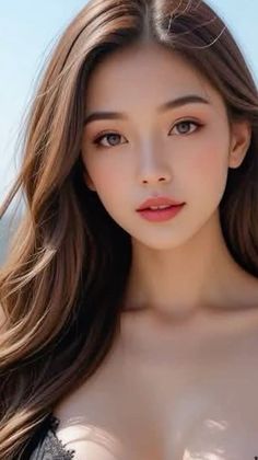 Woman with long brown hair and pink lips, with exposed shoulders