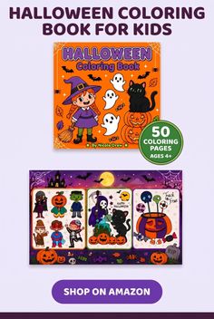 Halloween coloring book cover with a witch, ghosts, and a black cat on pumpkins
