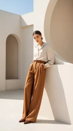Woman in wide leg pants and a collared shirt leaning against a wall outdoors
