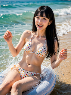 Woman in a polka dot bikini splashing water on a beach