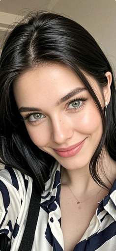 Woman with black hair and green eyes wearing a striped shirt and smiling