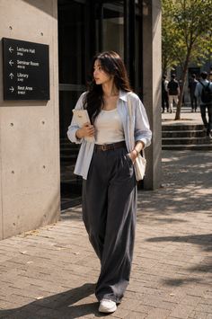Woman with long hair wearing a loose shirt and wide leg pants walking outdoors