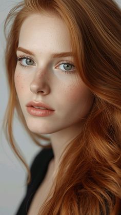 Close up portrait of a woman with red hair, freckles, and green eyes