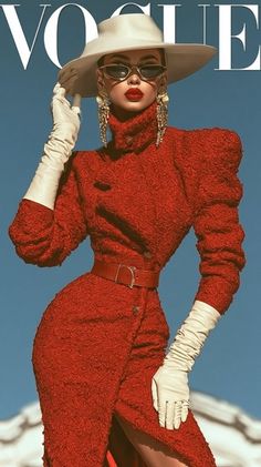Woman in a red coat, wide brim hat, and sunglasses against a blue sky