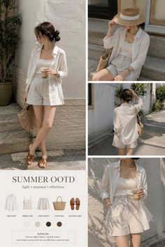 Woman in a white linen shirt and shorts with a straw bag outdoors