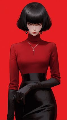 Illustration of a woman with short black hair in a red turtleneck and black skirt